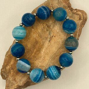 Gorgeous Agate Stretch Bracelet Blue Agate 14mm Stretch Faceted Beads Gift Box